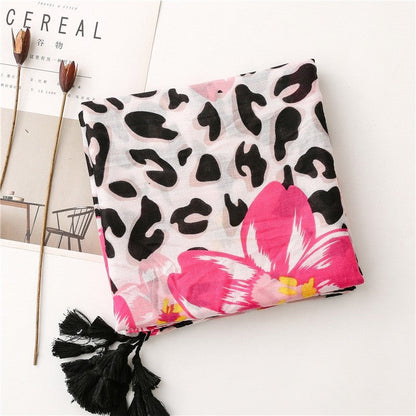 Tropical Plant Floral Leopard Contrast Scarf