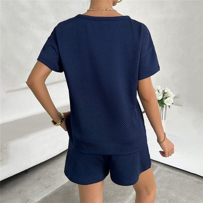 Casual Two-Piece Set- Solid Color Round Neck Top And Shorts