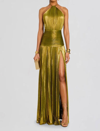 Sexy Pleated Halter Backless Side Slit Dress