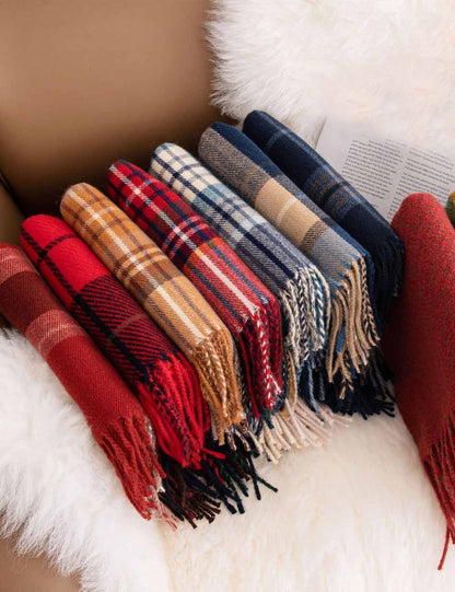 Retro Soft Wool Checkered Fringed Winter Scarf