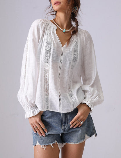 Lace Splicing Ruffle V-Neck Pullover Top