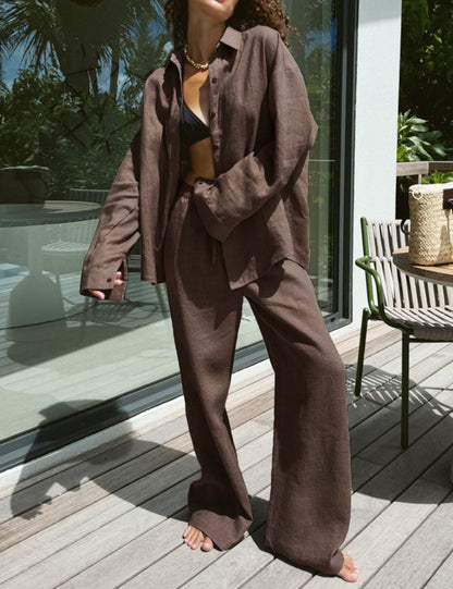 Solid Color Casual Shirt Pant Set