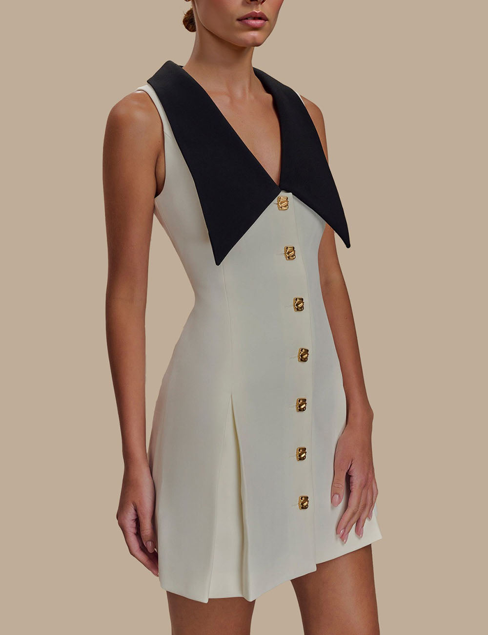 Lapel Mental Buttons Sleeveless Mini Dress