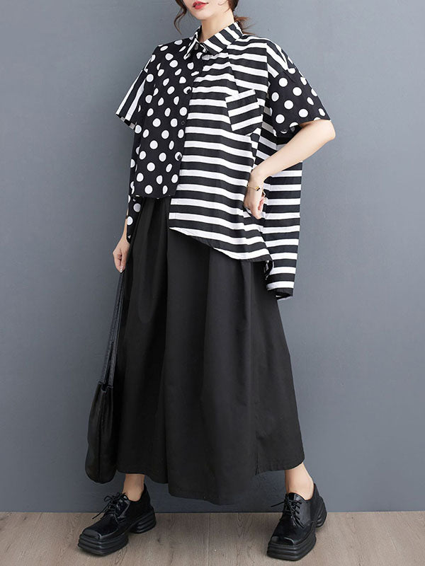 Loose Short Sleeves Buttoned Contrast Color Pockets Polka-Dot Split-Back Split-Joint Striped Lapel T-Shirts Tops
