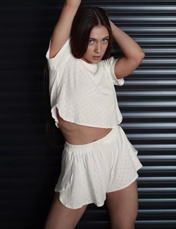 Simple Top Split Shorts Knit Loungerwear Set