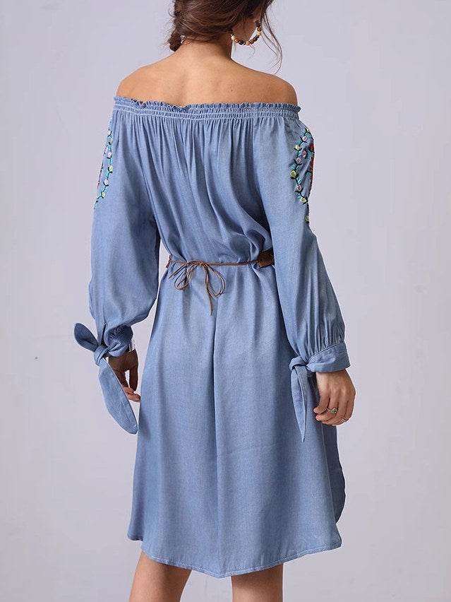 Flower Embroidered Off Shoulder Midi Dress