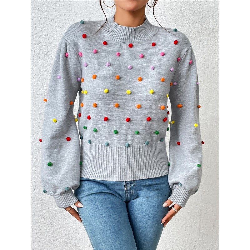 Long Sleeve Crewneck Colorful Balls Embellished Casual Knitted Sweater