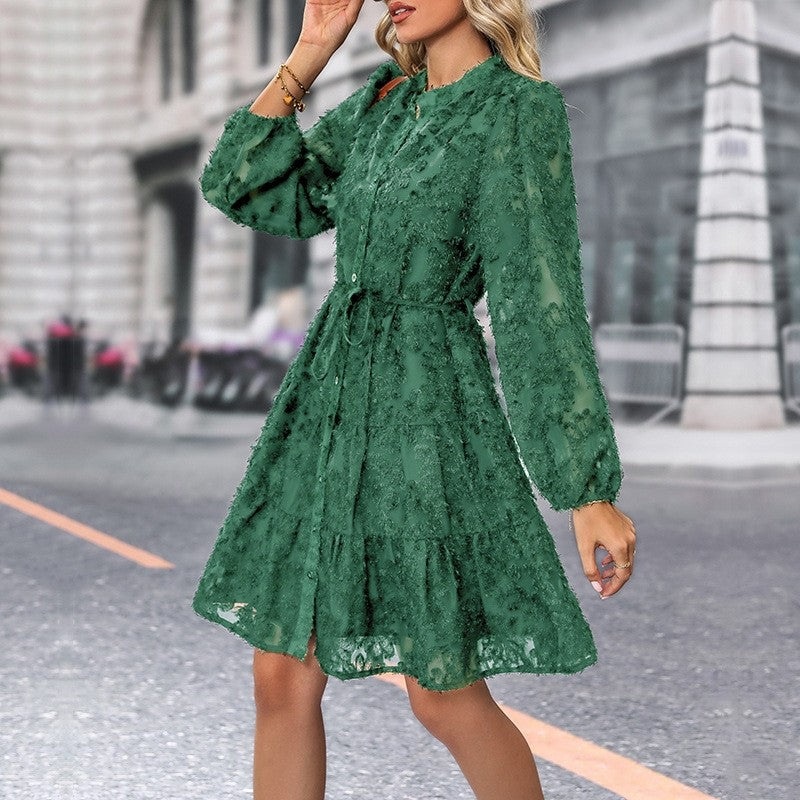 Ladies Lace Stand Collar Long Sleeve Shirt Dress