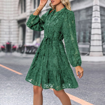Ladies Lace Stand Collar Long Sleeve Shirt Dress