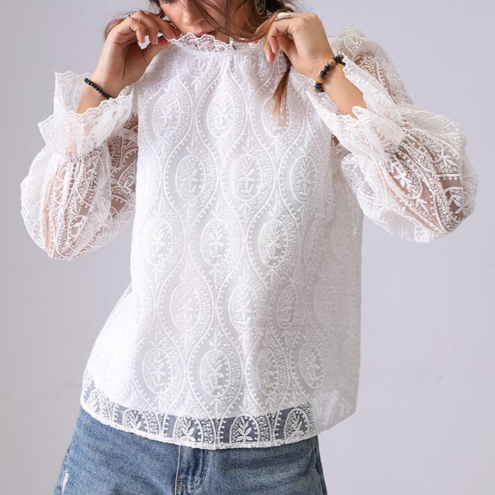 Trendy Hollow Out Embroidered Long Sleeve Top