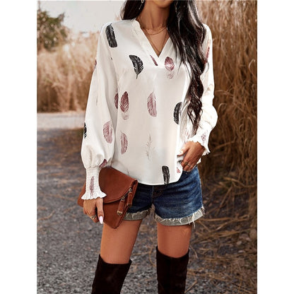 Long Sleeves V-Neck Printing Casual Loose Pullover Blouse Top