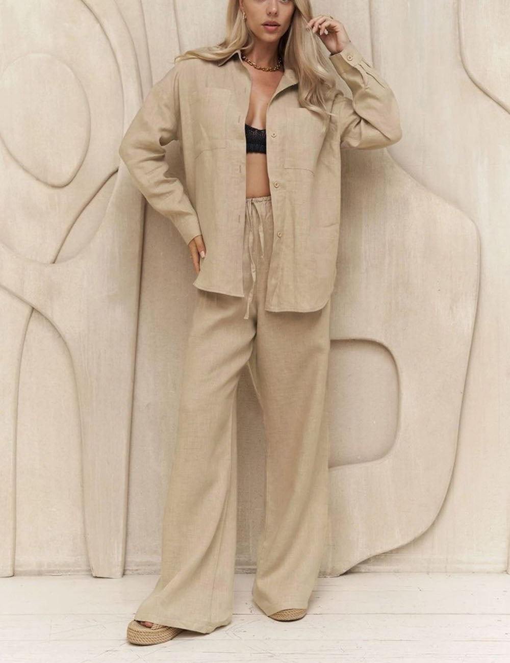 Simple Casual Solid Color Shirt Pant Set