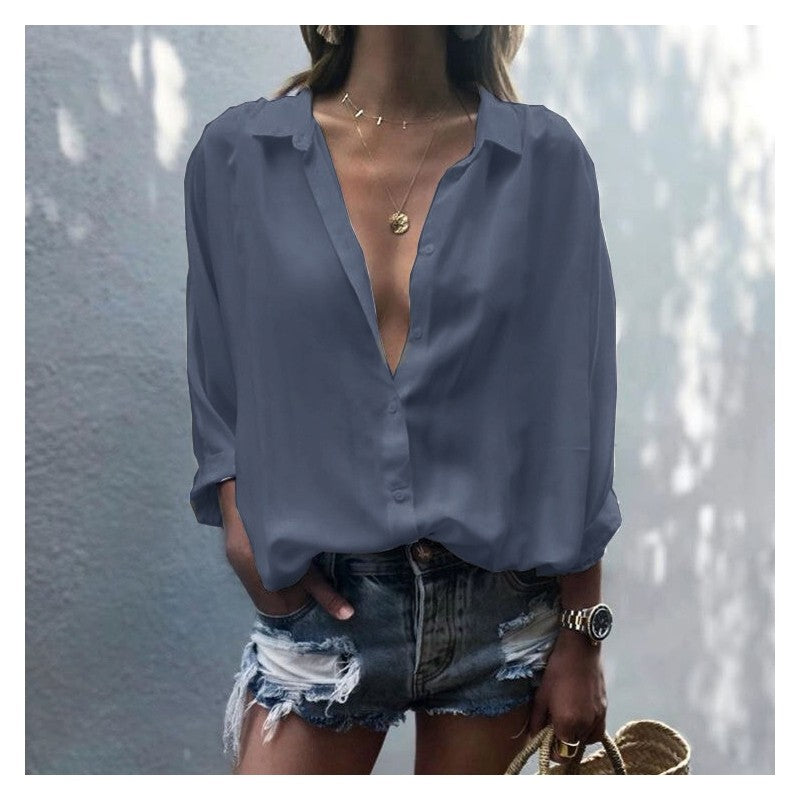 Ladies Deep V Neck Button Chiffon Shirt