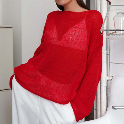 Minimalist Hollow Out Round Neck Sheer Knit Top