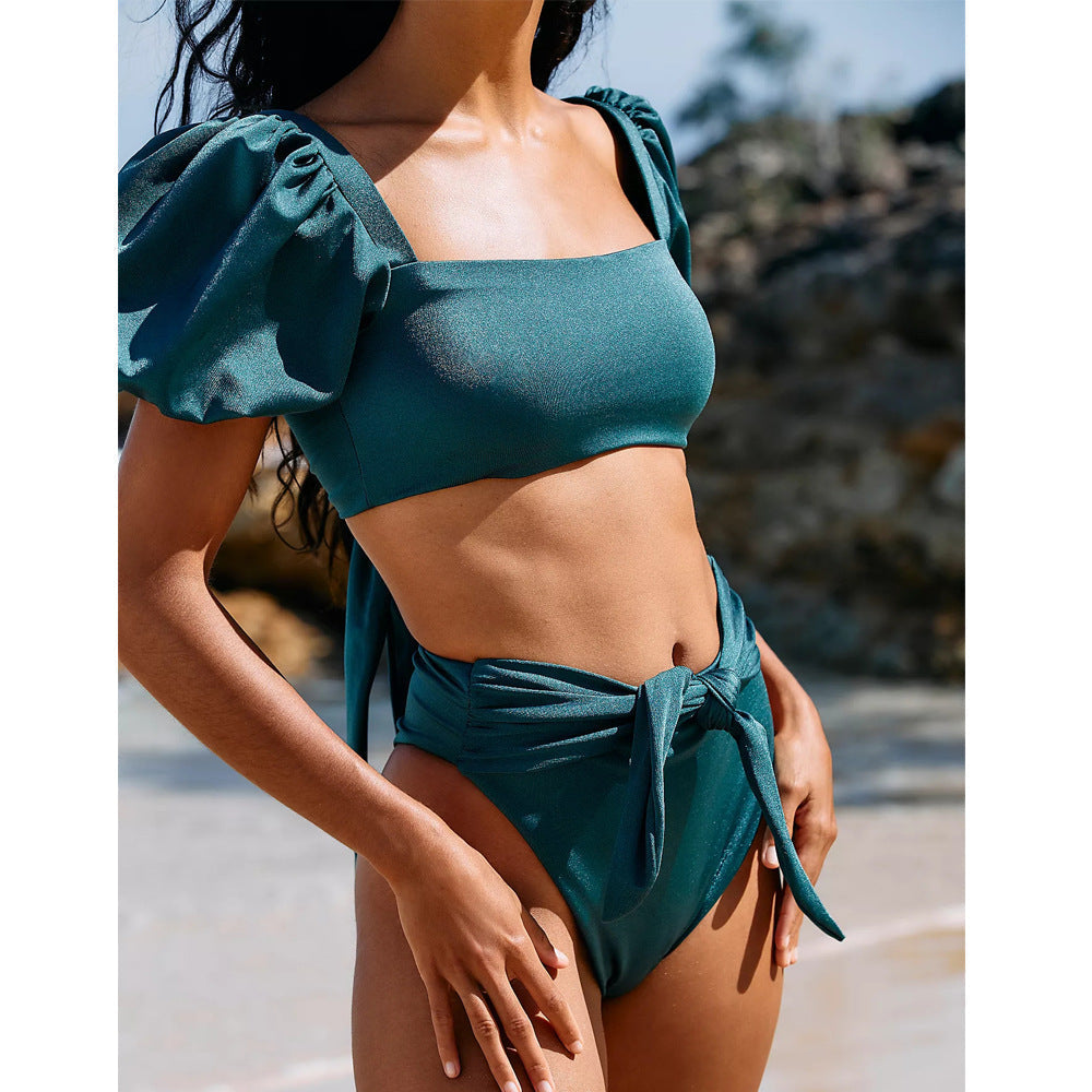 2PCS Solid Color Puff Sleeves Sexy Swimwear