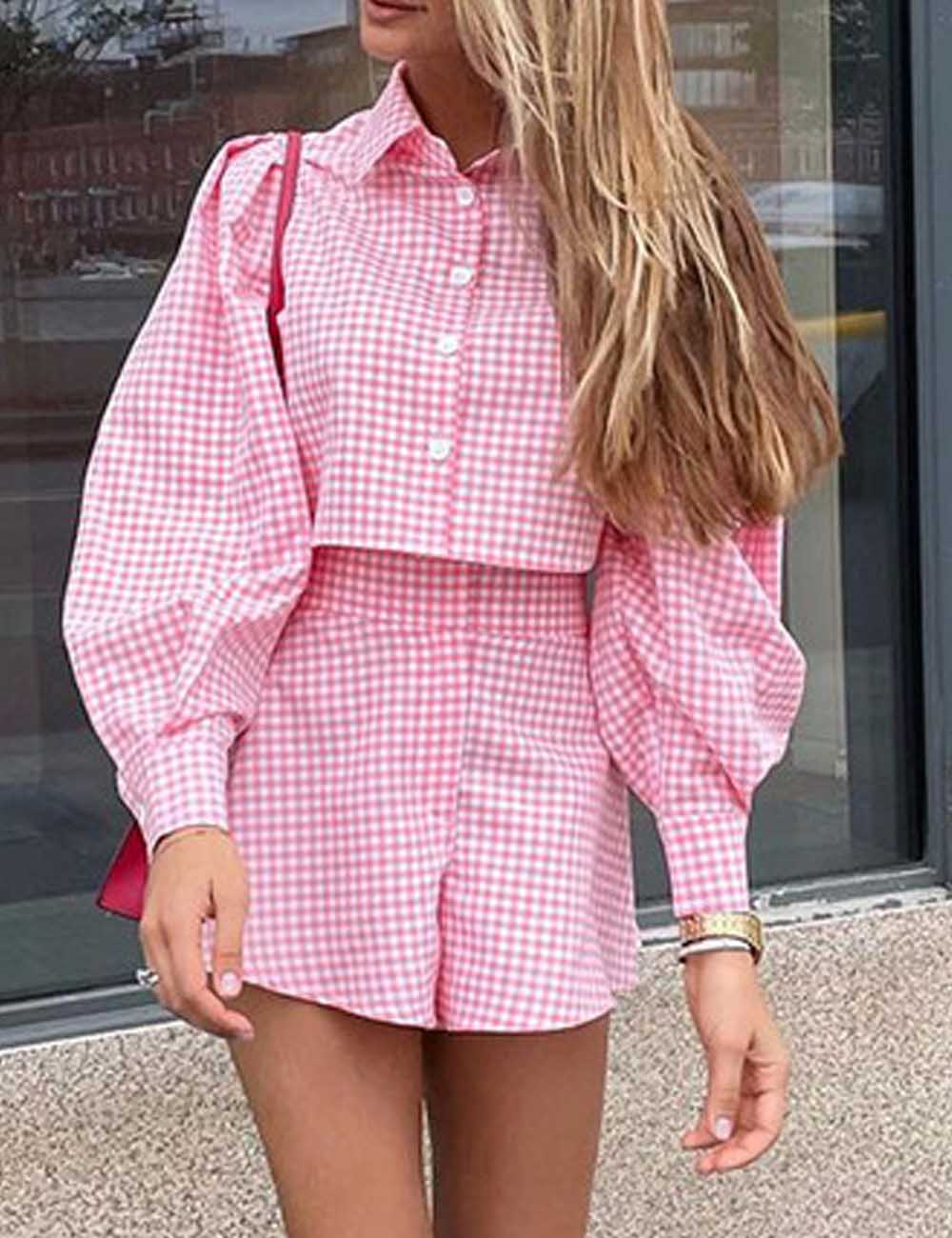 Elegant Lapel Collar Plaid Shirt Shorts Sets