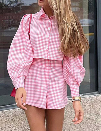 Elegant Lapel Collar Plaid Shirt Shorts Sets