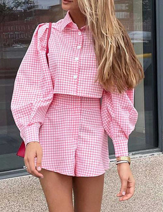 Elegant Lapel Collar Plaid Shirt Shorts Sets