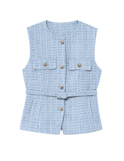 Elegant V-Neck Sleeveless Belt Waist Knit Vest