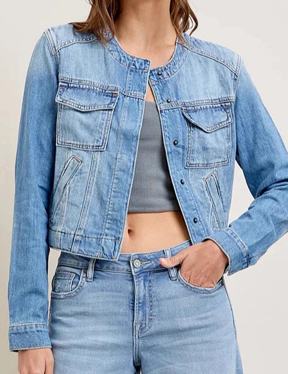 Vintage Crew Neck Denim Cropped Jacket