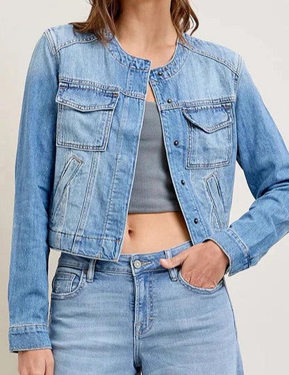 Vintage Crew Neck Denim Cropped Jacket