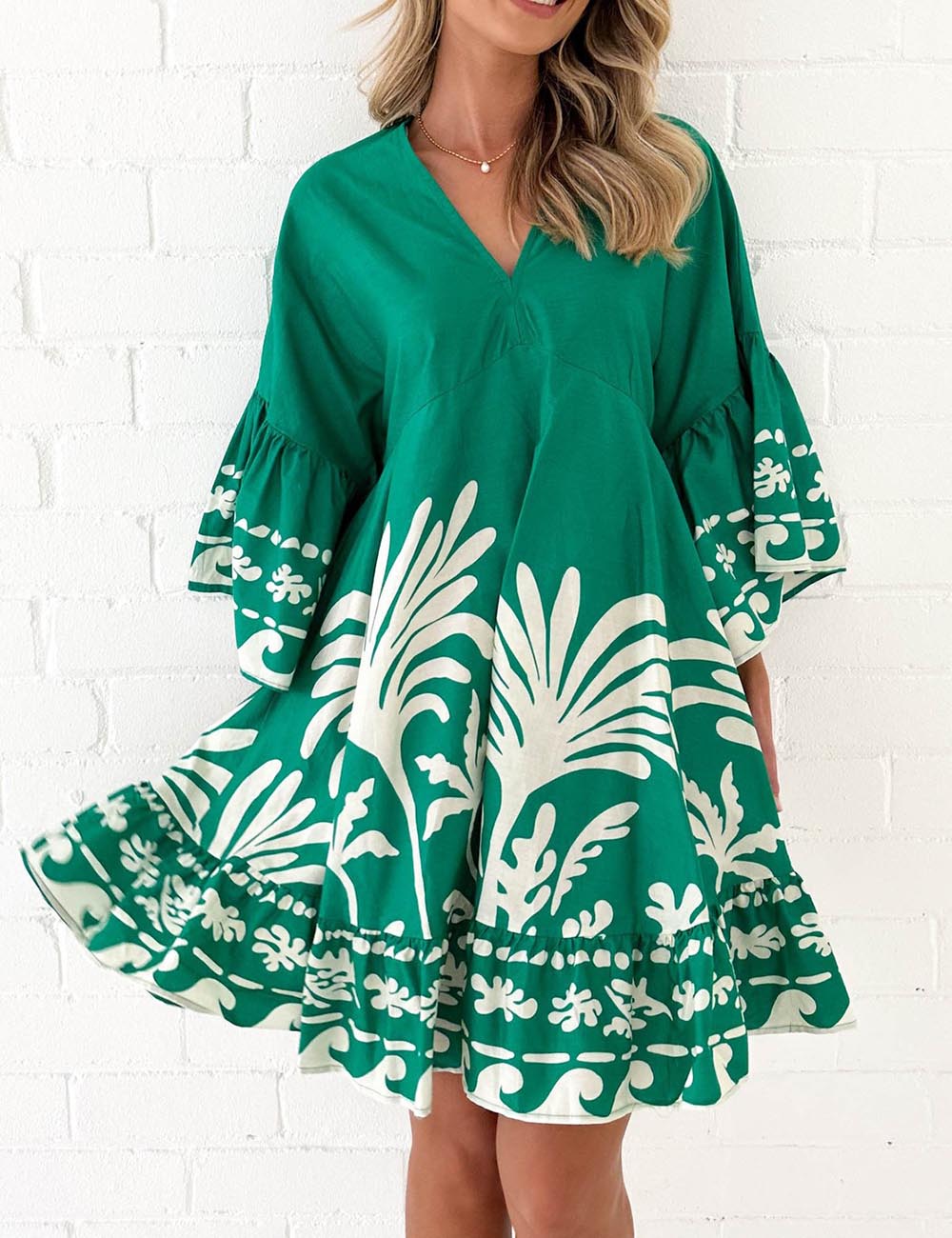 V-Neck Floral Print Flare Sleeves Mini Dress