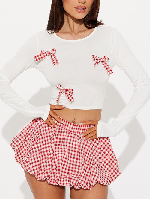Cute Bow Top Plaid Puffy MIni Skirt Set