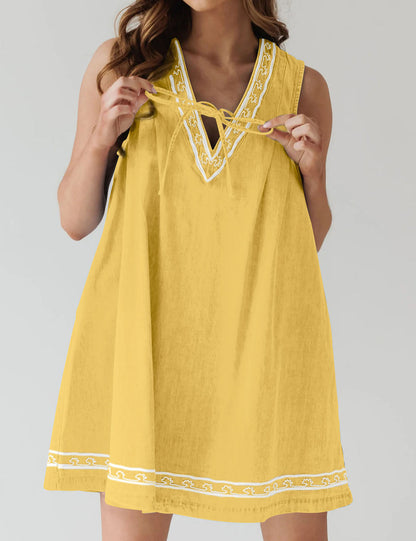 Trendy V-Neck Sleeveless Embroidered Denim Dress