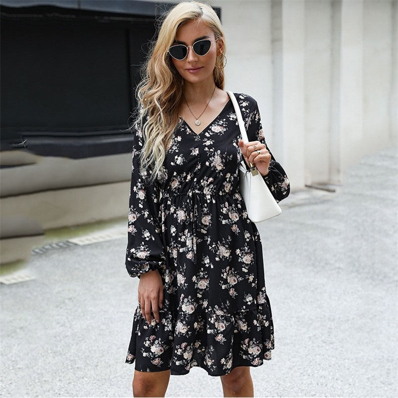 Short Printed Long Sleeve V-Neck Black Dress