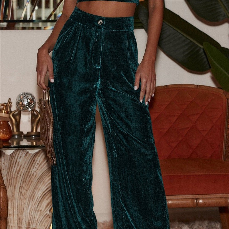 Loose Fit Button Wide Leg Trousers In Velvety Fabric