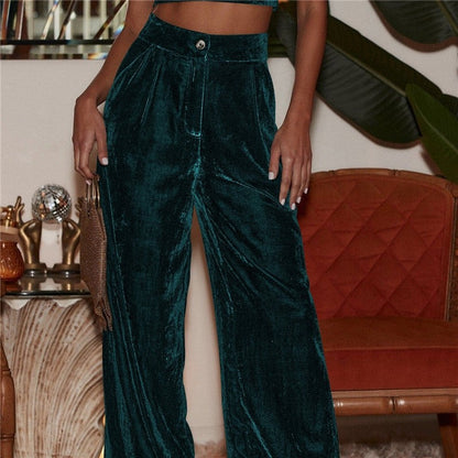 Loose Fit Button Wide Leg Trousers In Velvety Fabric