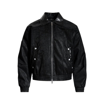 Flipped Collar PU Leather Jacket Street Style