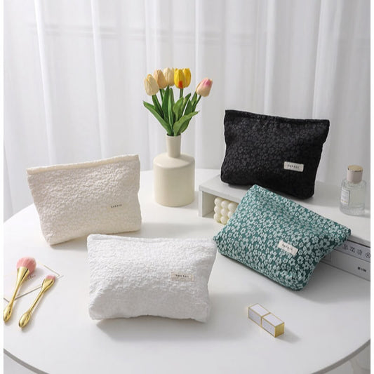 Solid Color Flower Print Makeup Bag