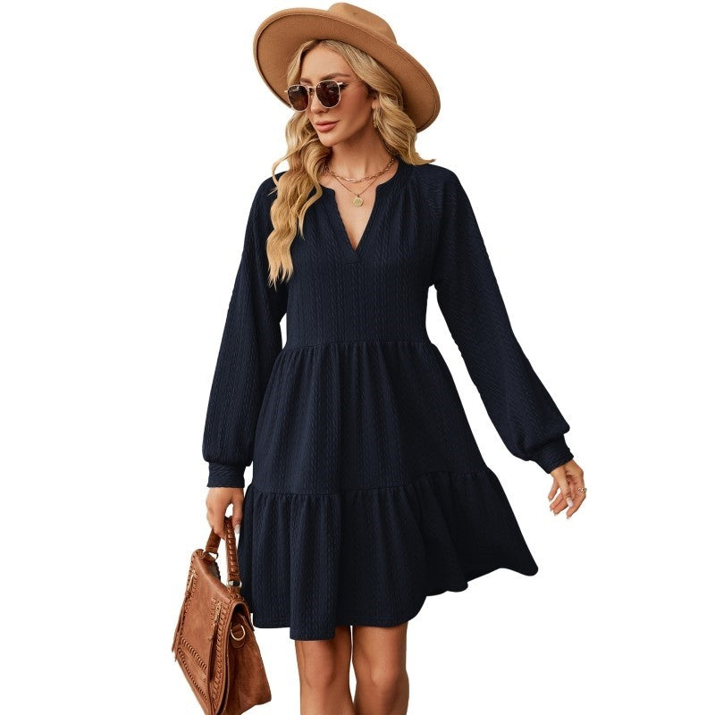 Solid Patchwork Loose Pleated V-Neck Long-Sleeved Dress