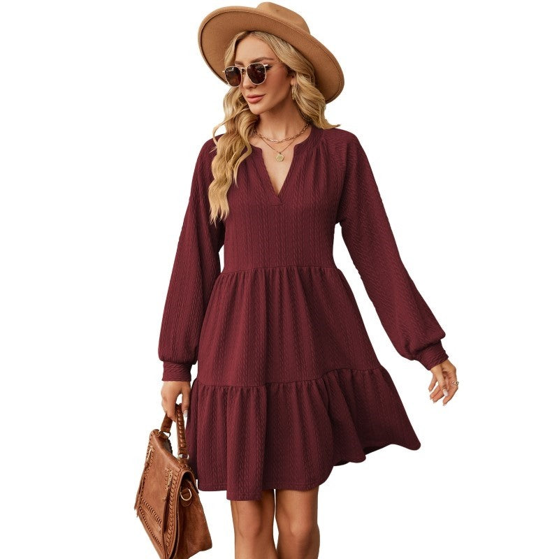 Solid Patchwork Loose Pleated V-Neck Long-Sleeved Dress