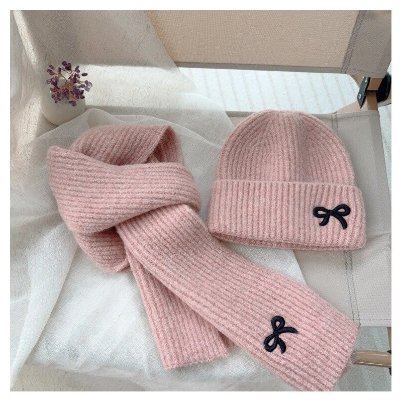 Kids Knit Bow Embroidered Hat Scarf Set