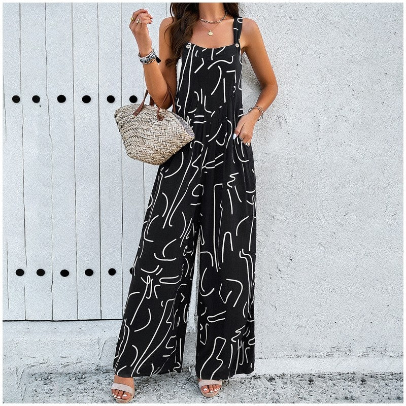Contrast Color Printing Sleeveless Wide Leg Jumpsuits
