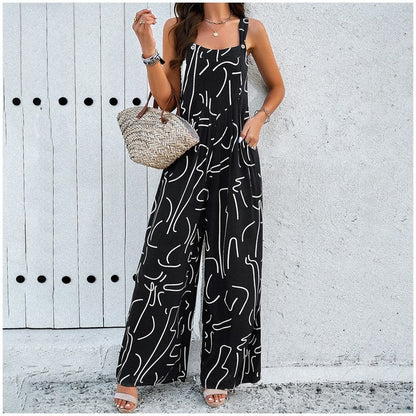 Contrast Color Printing Sleeveless Wide Leg Jumpsuits