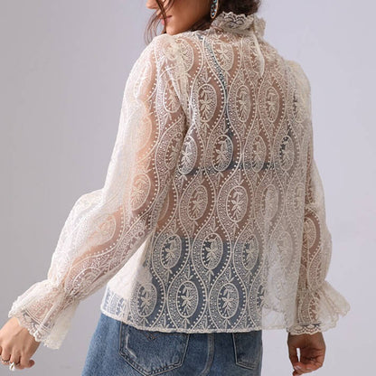 Trendy Hollow Out Embroidered Long Sleeve Top