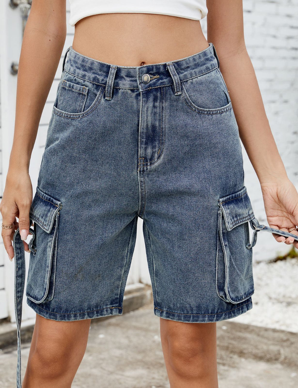 Distressed Straight Leg Cargo Denim Shorts