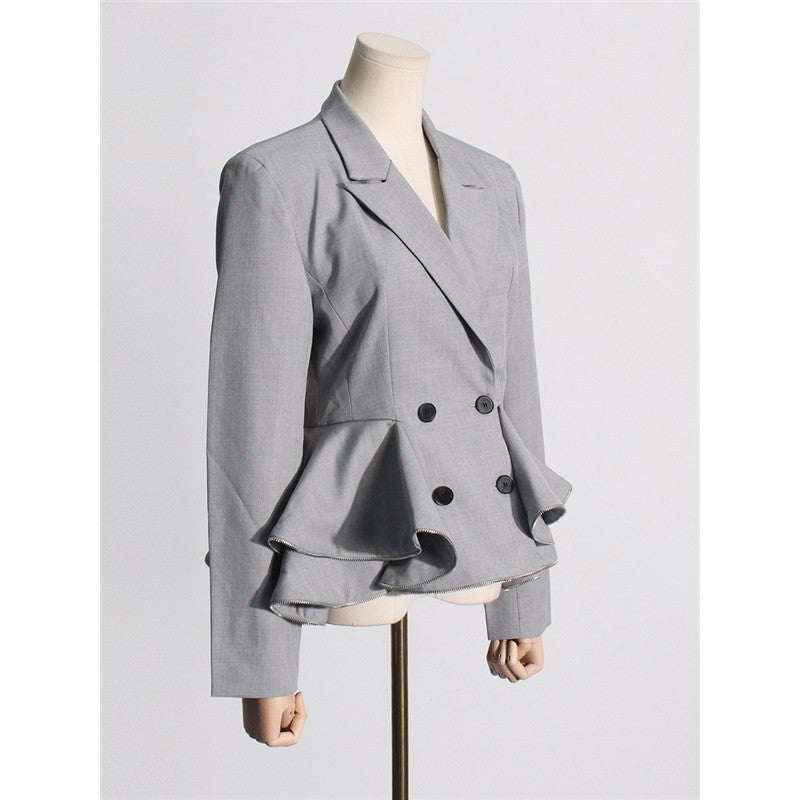 Solid Color Long Sleeve Lapel Buttoned Ruffled Slim Blazer Outerwear