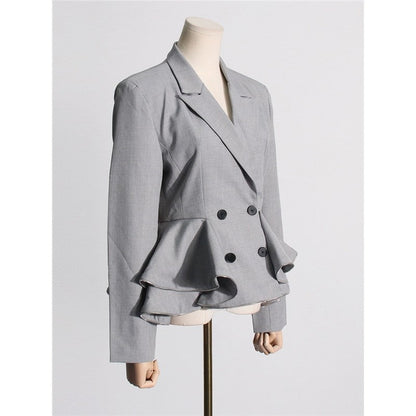 Solid Color Long Sleeve Lapel Buttoned Ruffled Slim Blazer Outerwear