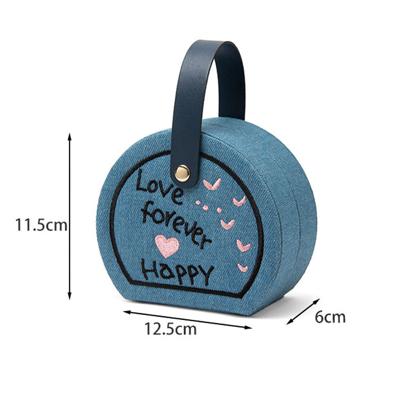 Denim Heart Embroidered Jewelry Box with Handle