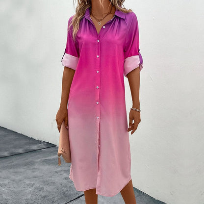 Loose Lapel Cardigan Buttoned Ombre Dress
