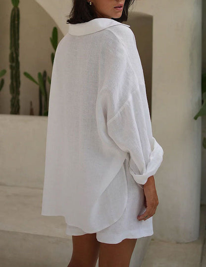 Solid Color Casual Shirt Short Set