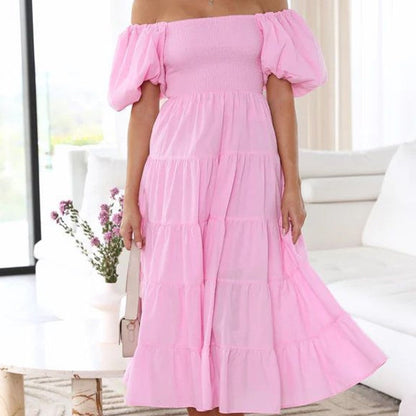 Boat Neck Puff Sleeve Elastic Waist A-Line Long Dress