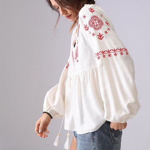 Flower Embroidered V-Neck String Top