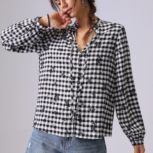 Plaid Color Block Floral String Shirt