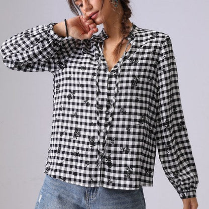 Plaid Color Block Floral String Shirt