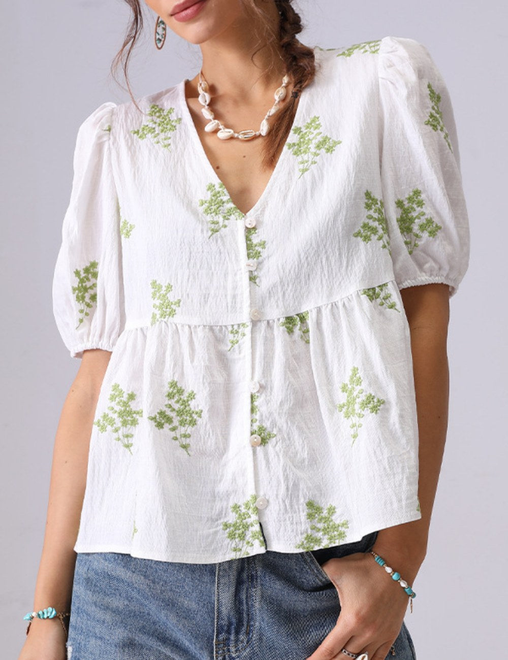 Floral Embroidered V-Neck Puff Sleeves Shirt